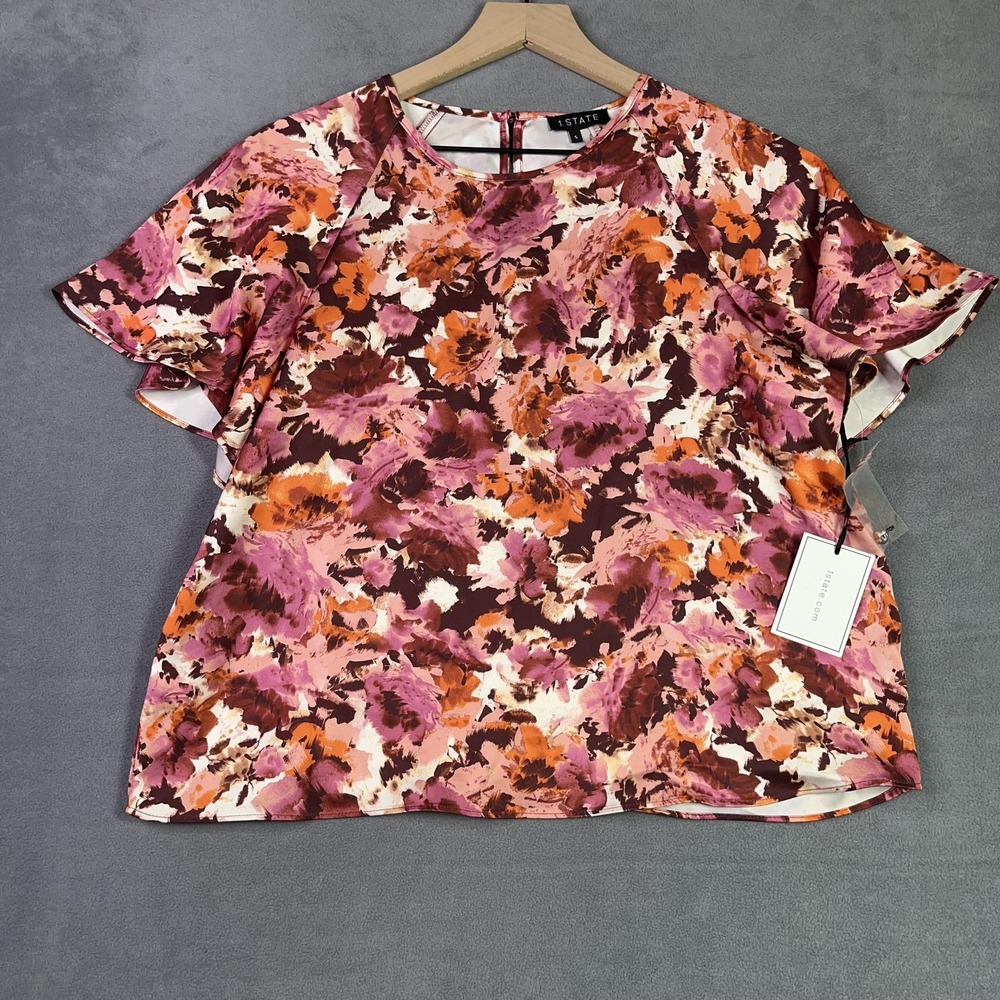 1.STATE Floral Flutter Sleeve Top Women Small Pink Orange Satin Blouse NWT
